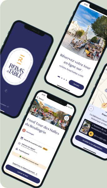 Plusieurs smartphones affichant l'interface de réservation d'un "Food Toor" sur l'application Office de Tourisme de Reims